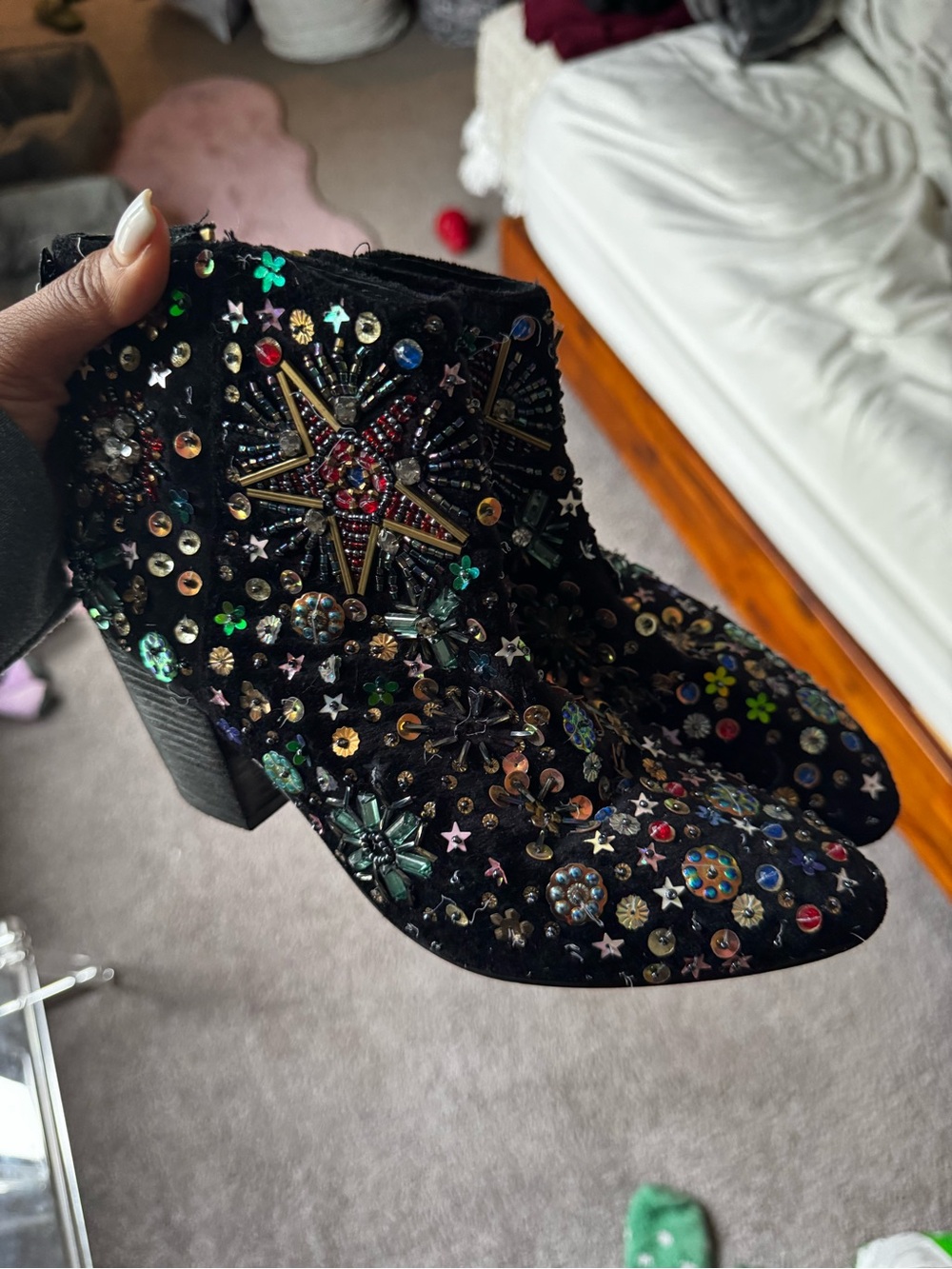 Free People Black Embellished Velvet Ankle Boots with Multicolor Gems - Picture 2 of 6